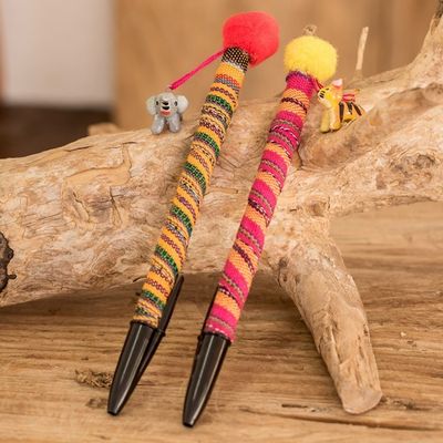 Alternate image for Set of 2 Colorful Cotton Ballpoint Pens with Ceramic Charms Little Pets