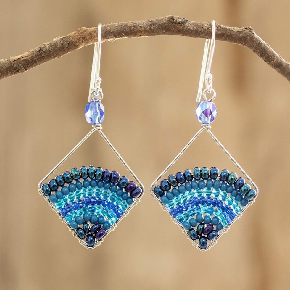 Square Blue Beaded Dangle Earrings With Silver Hooks 'Blue Beaded Rainbow'