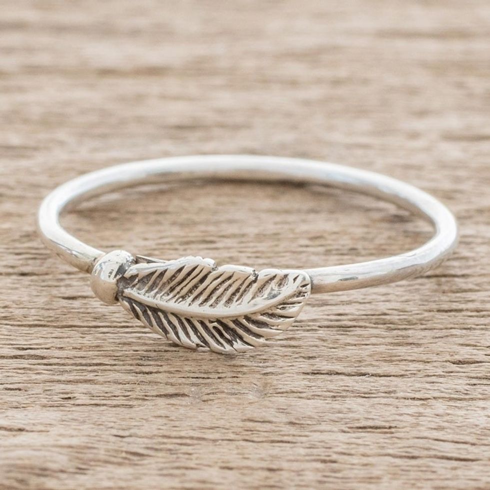 Slender Sterling Silver Band Ring with Feather 'Fallen Feather'