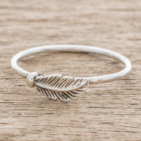 Alternate image for Slender Sterling Silver Band Ring with Feather Fallen Feather