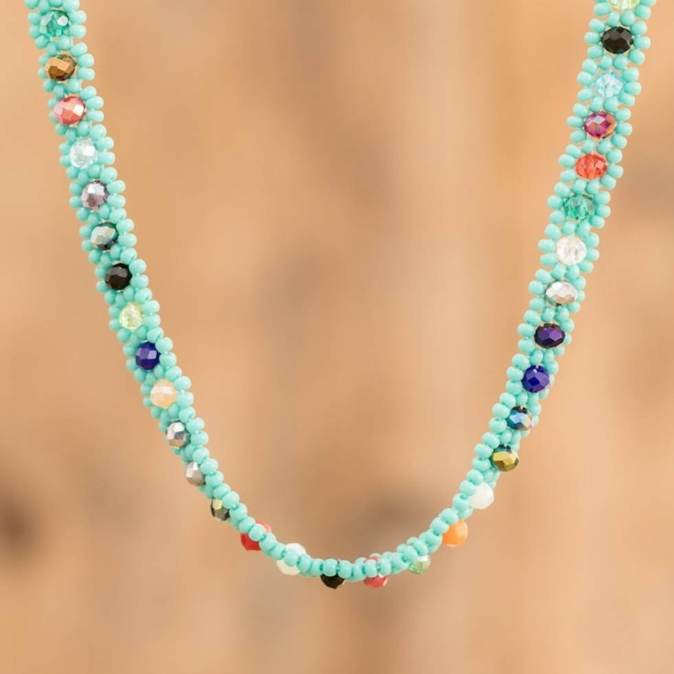 Turquoise Beaded Necklace with Crystals in a Rainbow Palette 'Turquoise Magic'