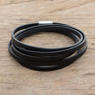 Alternate image for Mens Black Leather Wrap Bracelet from Costa Rica Masculine Symphony in Black