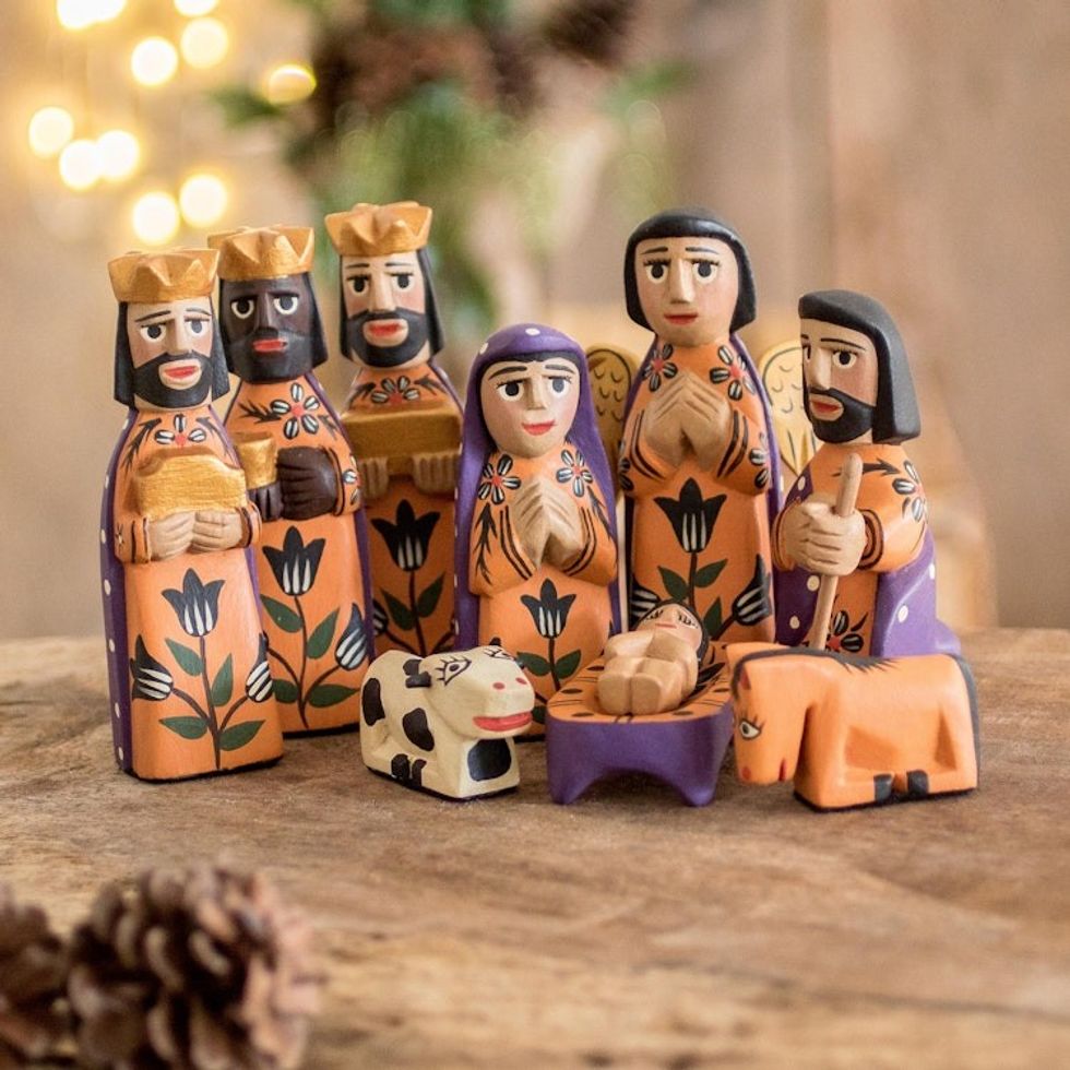 Hand Crafted Nativity Scene Wood Sculpture Set of 10 'Angelical'