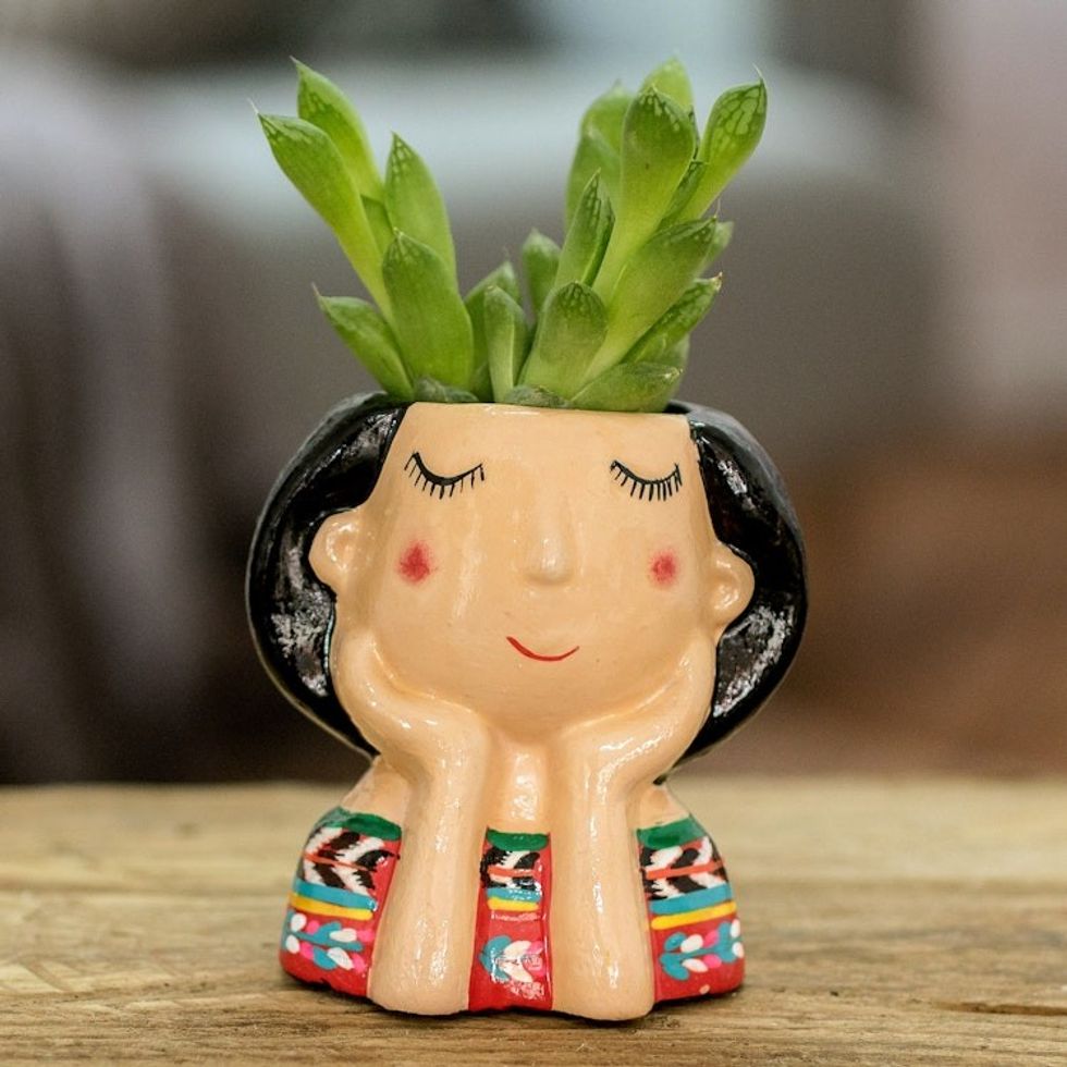 Guatemalan Handpainted Woman-shaped Mini Ceramic Flower Pot 'Esperanza Dreaming'