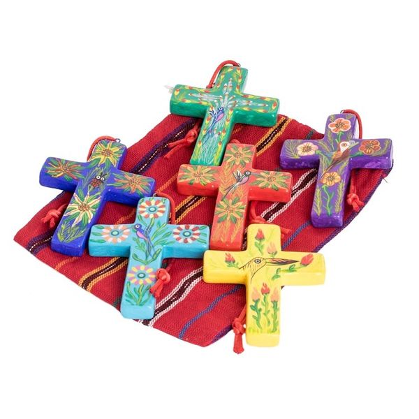 Alternate image for Handmade Ceramic Cross Christmas Ornaments Set of 6 Floral Crosses