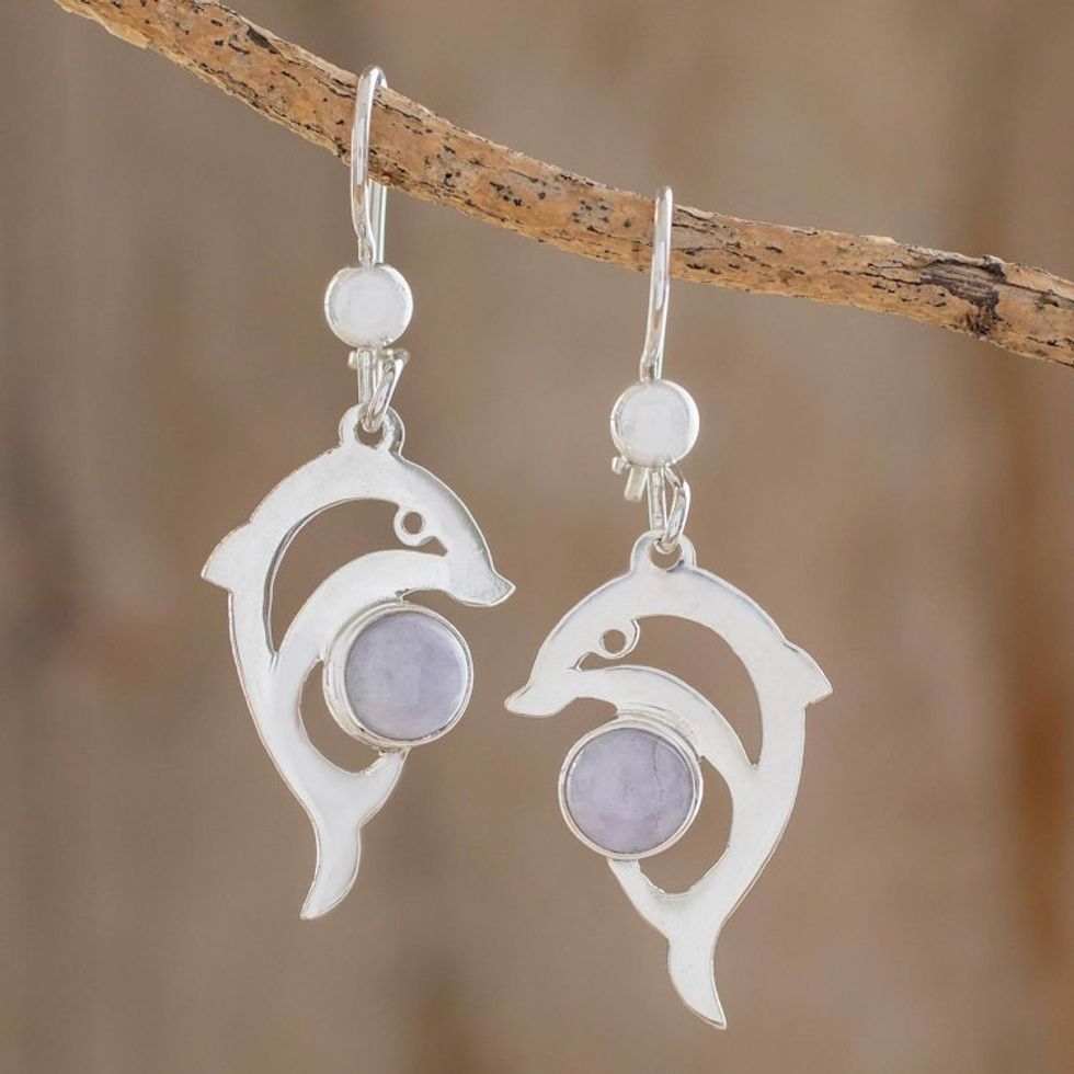 Handmade Silver Dolphin Earrings with Lilac Maya Jade 'Lilac Dolphin'