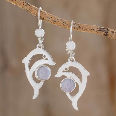Alternate image for Handmade Silver Dolphin Earrings with Lilac Maya Jade Lilac Dolphin