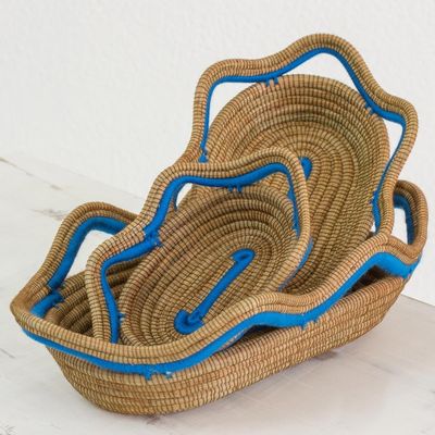 Alternate image for Set of 3 Handwoven Blue Accent Pine Needle Baskets Wavy Ocean