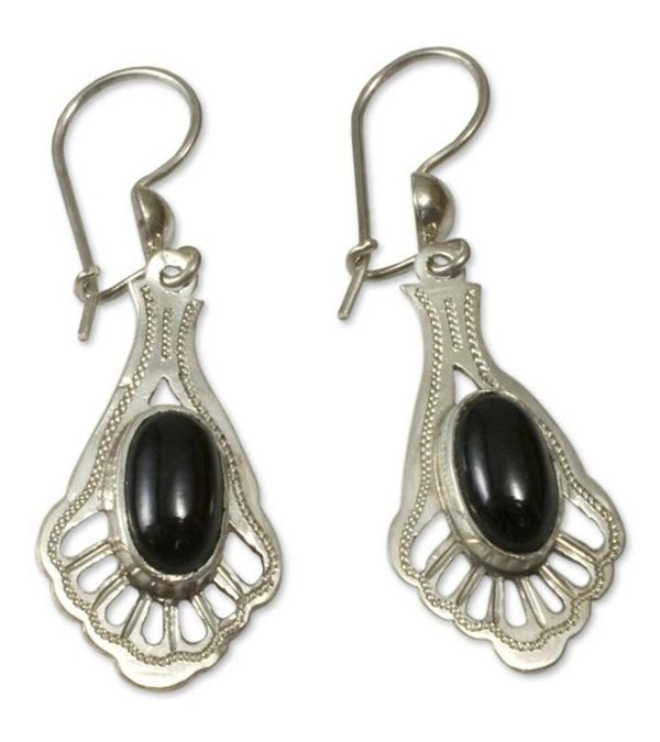 Alternate image for Unique Jade Dangle Earrings with Sterling Silver Black Peacock