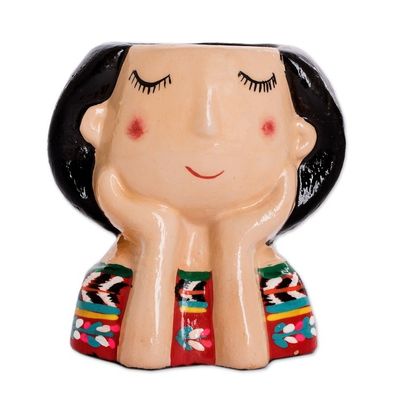 Alternate image for Guatemalan Handpainted Woman-shaped Mini Ceramic Flower Pot Esperanza Dreaming