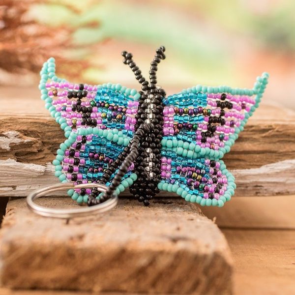 Alternate image for Turquoise and Purple Glass Beaded Butterfly Keychain Sweet Hopes