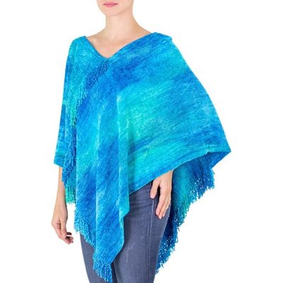Alternate image for Blue Hand Woven Cotton Blend Poncho Magical Lagoon