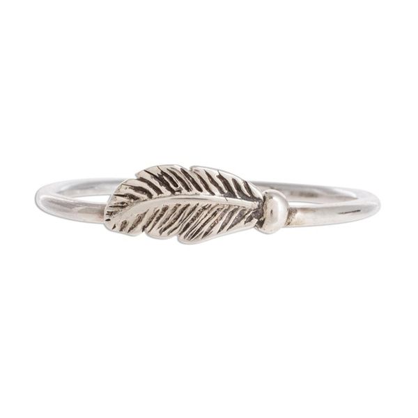 Alternate image for Slender Sterling Silver Band Ring with Feather Fallen Feather