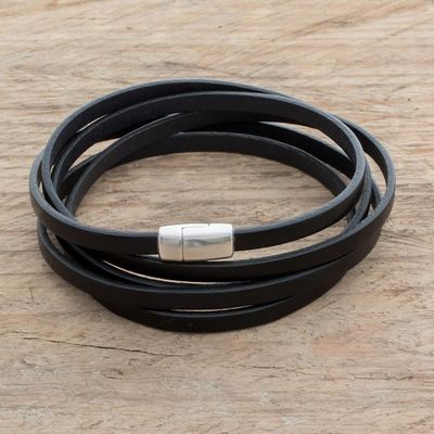 Alternate image for Mens Black Leather Wrap Bracelet from Costa Rica Masculine Symphony in Black