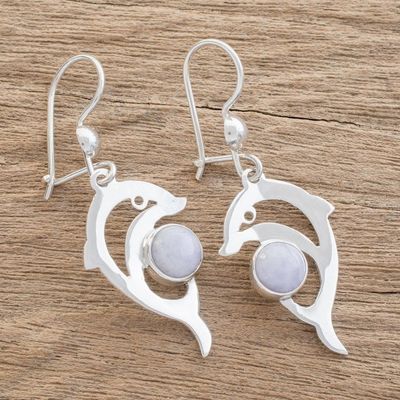 Alternate image for Handmade Silver Dolphin Earrings with Lilac Maya Jade Lilac Dolphin