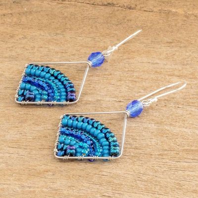 Alternate image for Square Blue Beaded Dangle Earrings With Silver Hooks Blue Beaded Rainbow