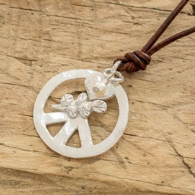 Alternate image for Cultured Pearl Necklace with Leather Cord and Silver Pendant Union of Peace