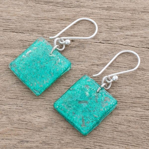 Alternate image for Square Recycled CD Dangle Earrings in Blue from Guatemala Square Lakes