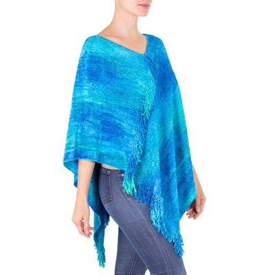 Alternate image for Blue Hand Woven Cotton Blend Poncho Magical Lagoon