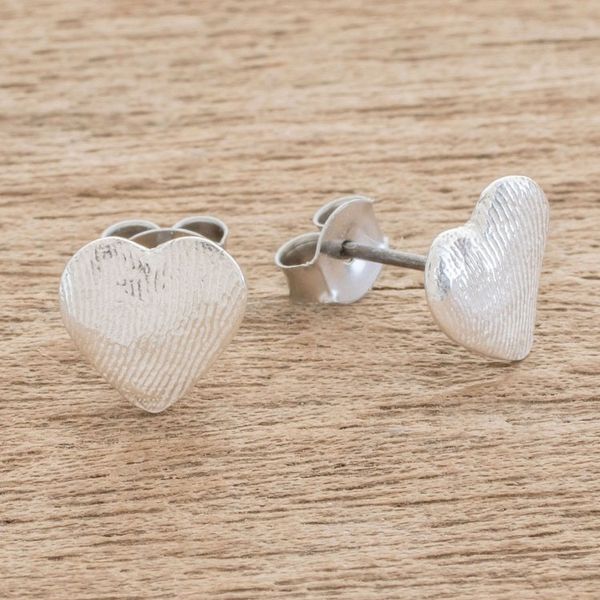 Alternate image for Heart-Shaped Fine Silver Stud Earrings from Guatemala Fingerprint of Love