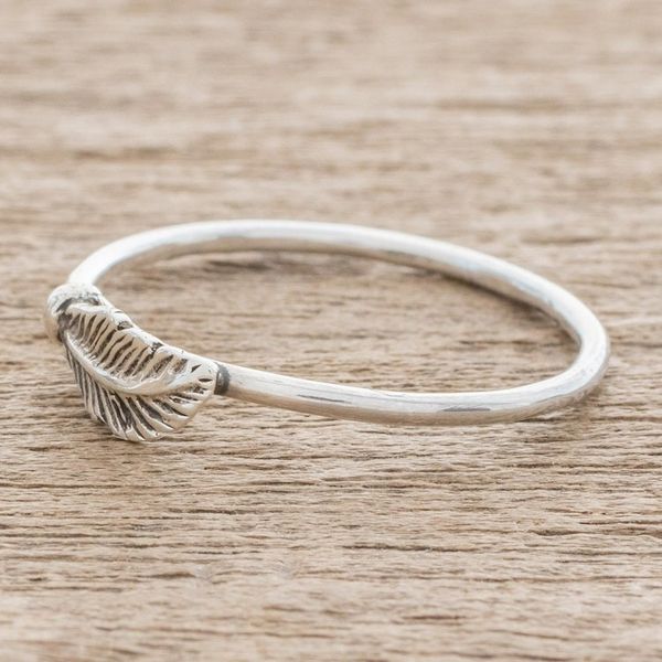 Alternate image for Slender Sterling Silver Band Ring with Feather Fallen Feather