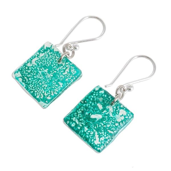 Alternate image for Square Recycled CD Dangle Earrings in Blue from Guatemala Square Lakes