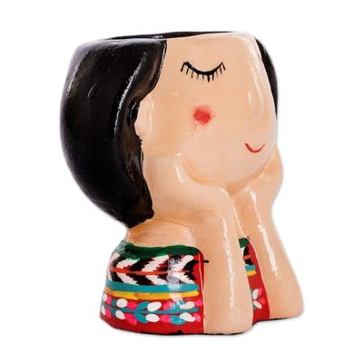 Alternate image for Guatemalan Handpainted Woman-shaped Mini Ceramic Flower Pot Esperanza Dreaming