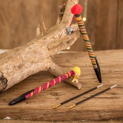 Alternate image for Set of 2 Colorful Cotton Ballpoint Pens with Ceramic Charms Little Pets