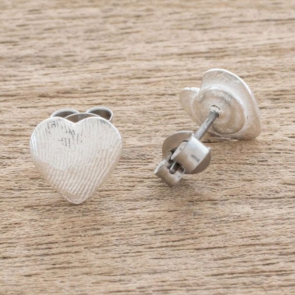 Alternate image for Heart-Shaped Fine Silver Stud Earrings from Guatemala Fingerprint of Love