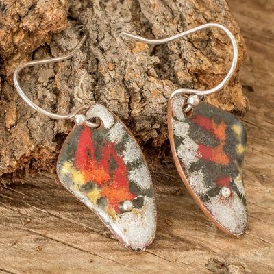 Alternate image for Hand-Painted Butterfly Wing Enameled Copper Dangle Earrings Butterfly Essence