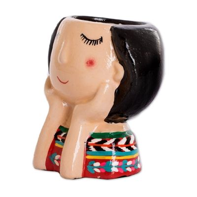 Alternate image for Guatemalan Handpainted Woman-shaped Mini Ceramic Flower Pot Esperanza Dreaming