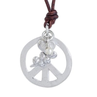 Alternate image for Cultured Pearl Necklace with Leather Cord and Silver Pendant Union of Peace