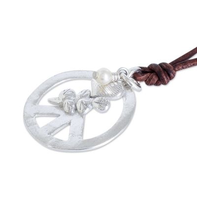Alternate image for Cultured Pearl Necklace with Leather Cord and Silver Pendant Union of Peace