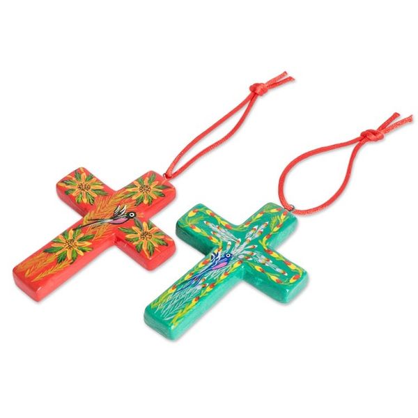 Alternate image for Handmade Ceramic Cross Christmas Ornaments Set of 6 Floral Crosses