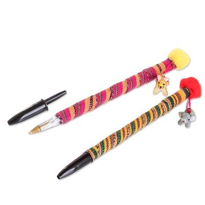 Alternate image for Set of 2 Colorful Cotton Ballpoint Pens with Ceramic Charms Little Pets