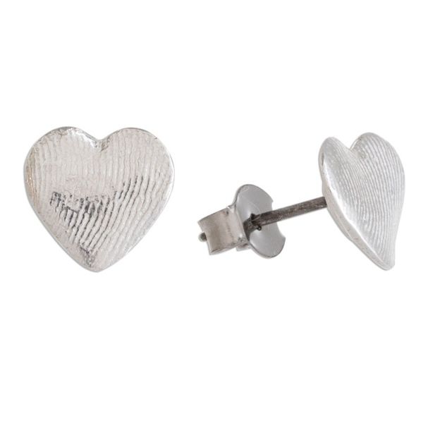 Alternate image for Heart-Shaped Fine Silver Stud Earrings from Guatemala Fingerprint of Love