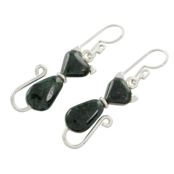 Alternate image for Jade Cat Dangle Earrings in Dark Green from Guatemala Cats of Love in Dark Green