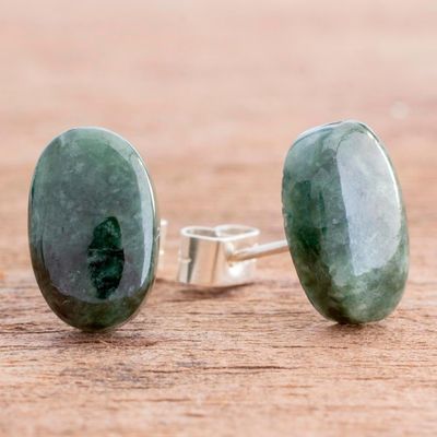 Alternate image for Dark Green Jade Oval Button Earrings from Guatemala Oval Simplicity in Dark Green