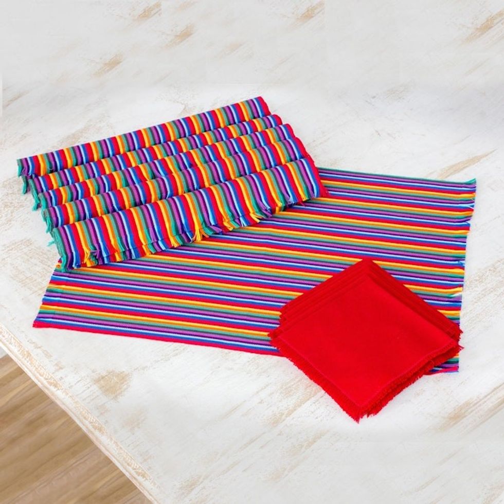 Set of 6 Multicolored Striped Cotton Placemats and Napkins 'Rainbow Inspiration'