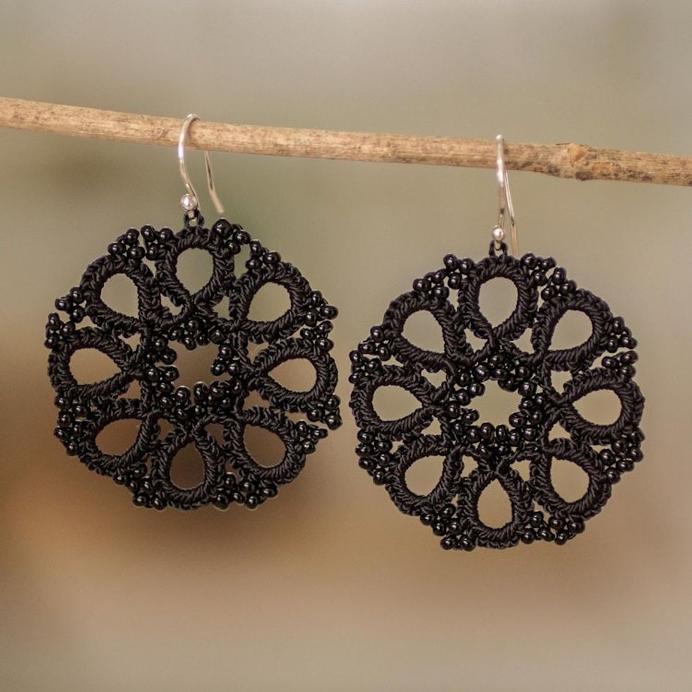 Black Hand-Tatted Dangle Earrings with Glass Beads 'Sinuous Elegance'