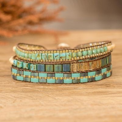 Alternate image for Handmade Turquoise and Green Glass Beaded Wristband Bracelet Guatemalas Breeze