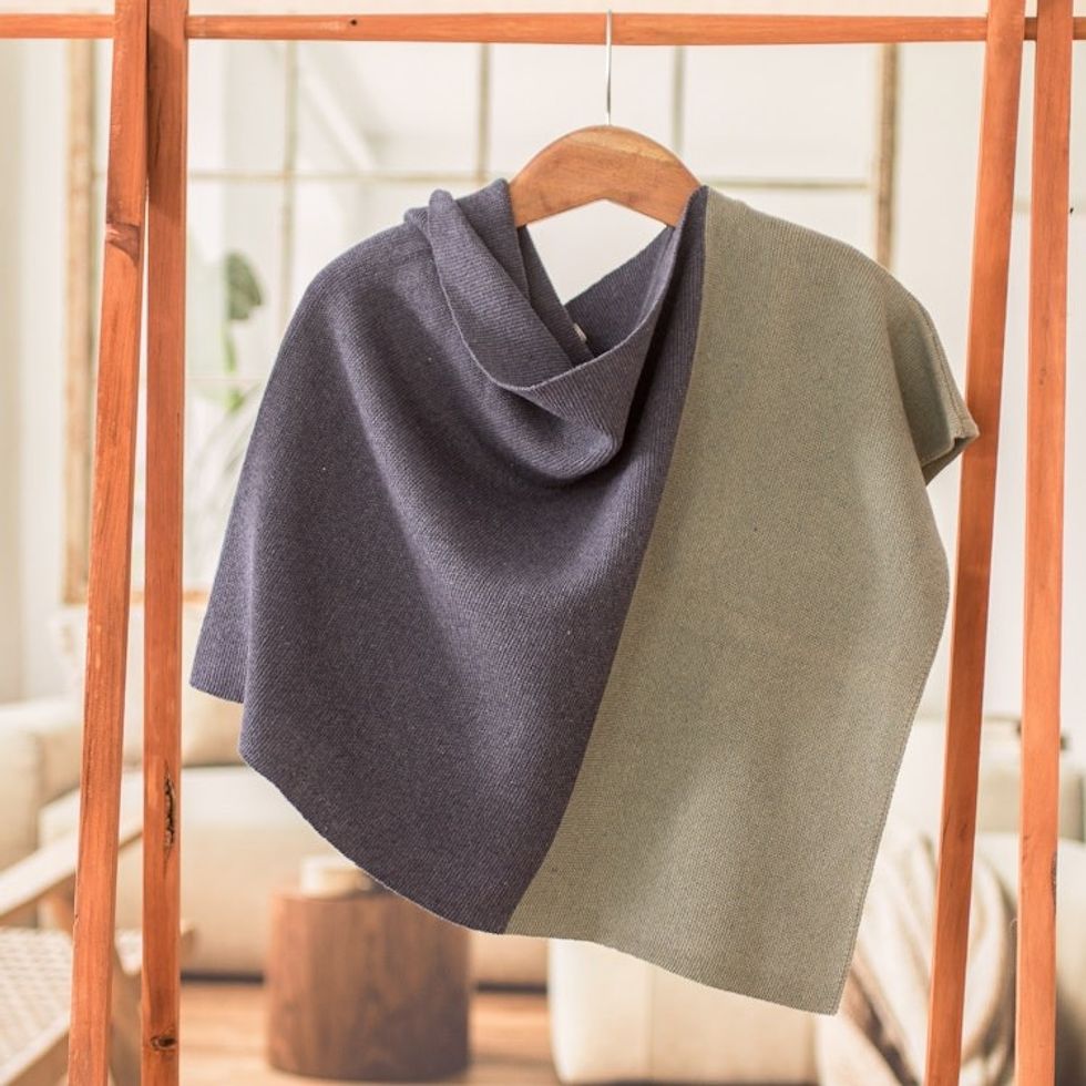 Handmade Indigo  Olive Cotton Poncho with Fold-Over Collar 'Atitln Sunrise'