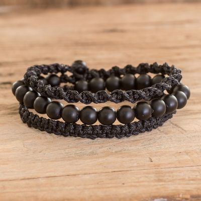 Alternate image for Handcrafted Black Macrame Wrap Bracelet with Onyx Beads Protective Shadows