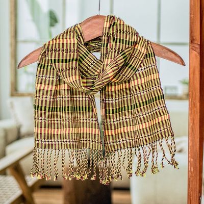 Alternate image for Green-Yellow-Peach Handwoven Cotton Scarf from Guatemala Sunny Forest Rose