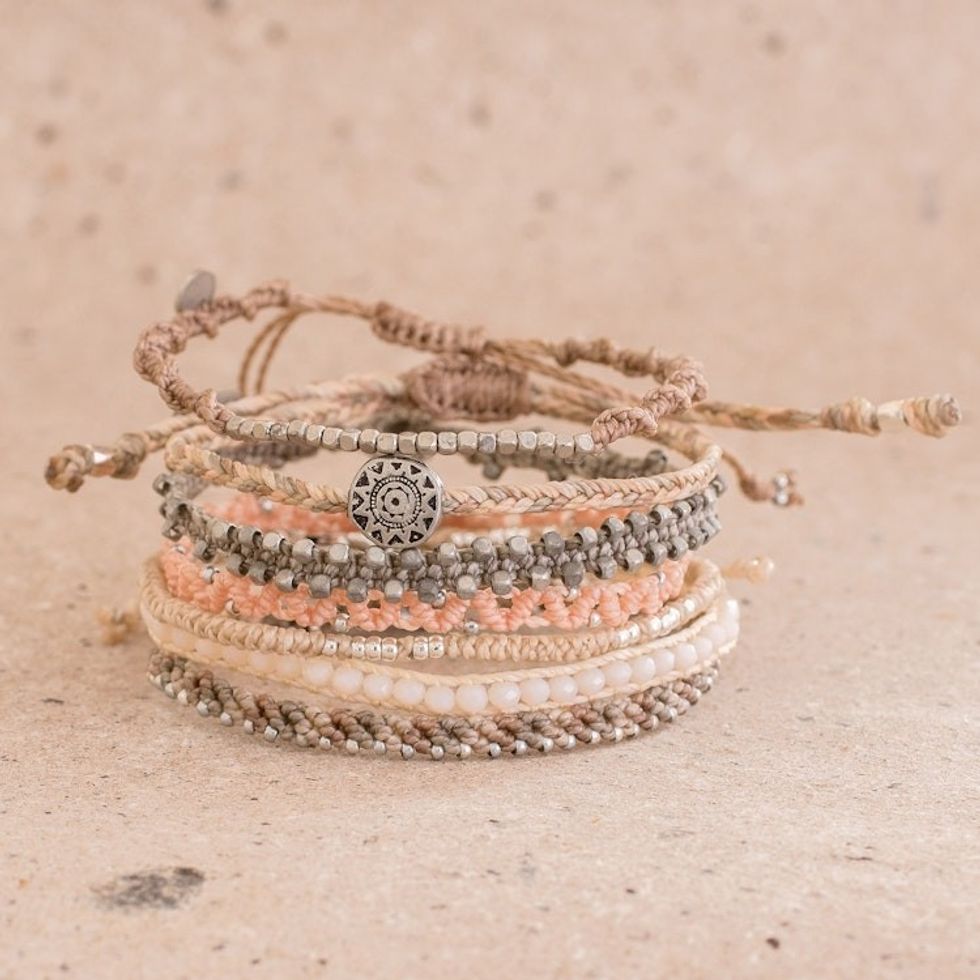 Glass Beaded Macrame Bracelets in Pink Set of 7 'Boho Histories in Pink'