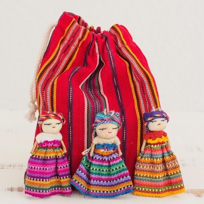 Alternate image for Hand Made Cotton Figurines and Bag Set of 12 Guatemala Worry Doll Dancers