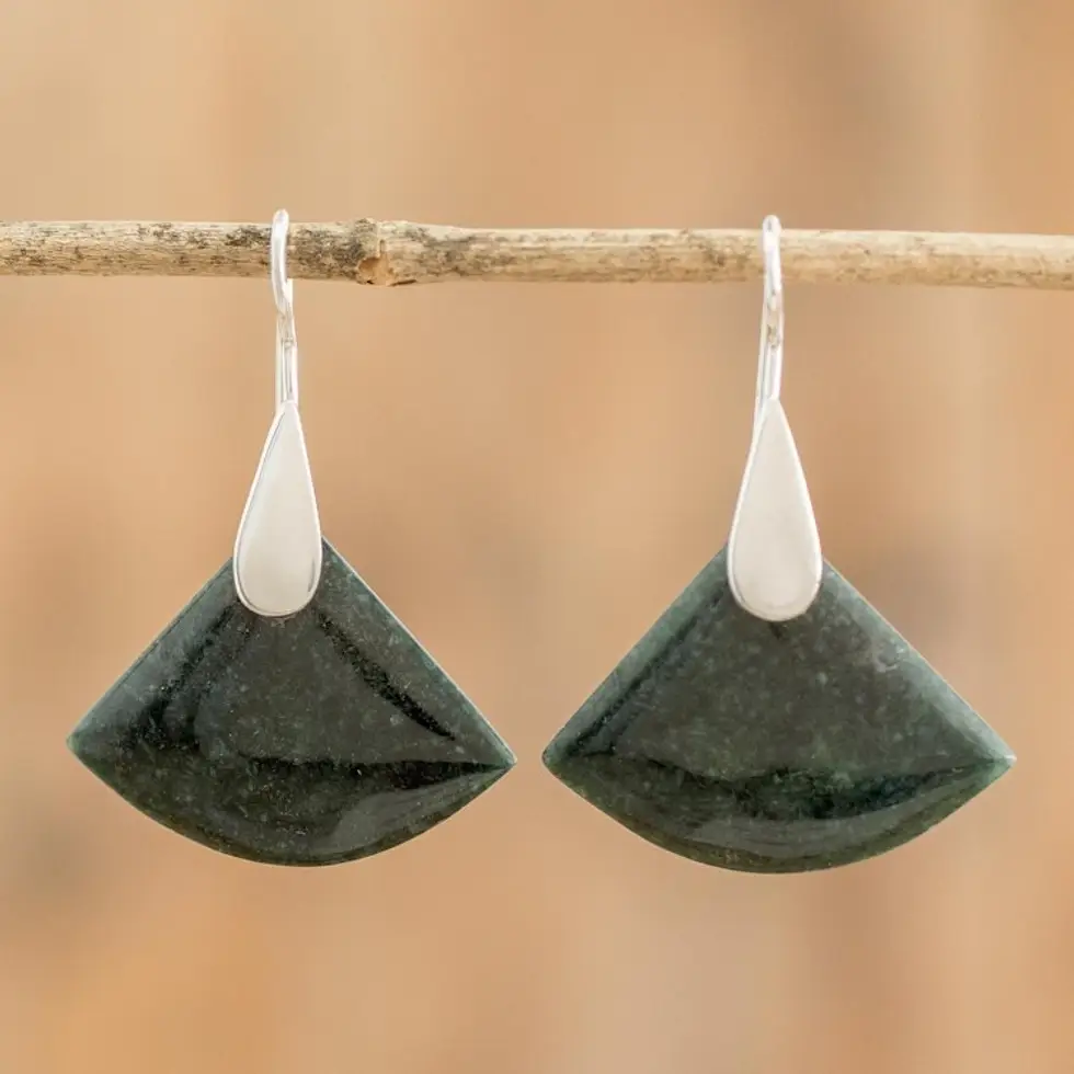 Contemporary Silver Dangle Earrings with Guatemalan Jade 'Cool Green Fan'