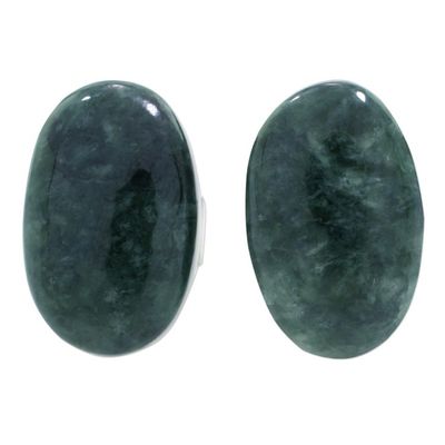 Alternate image for Dark Green Jade Oval Button Earrings from Guatemala Oval Simplicity in Dark Green