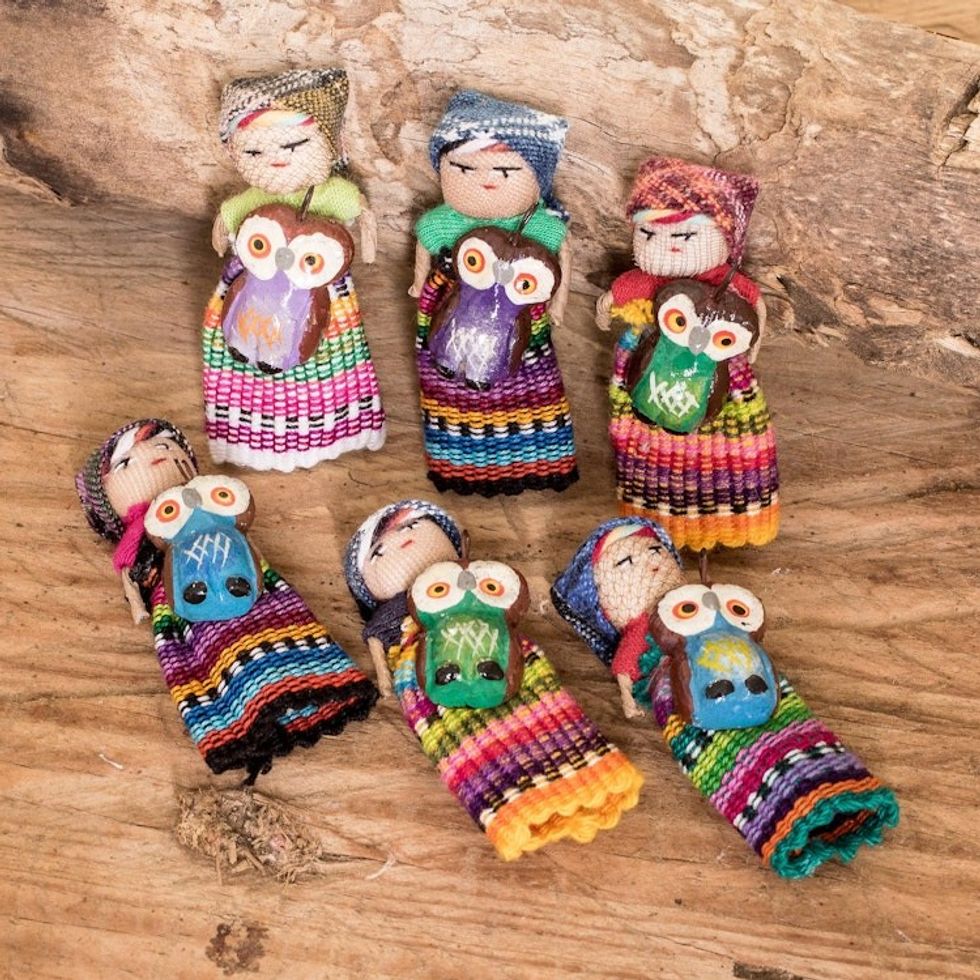 Set of 6 Cotton Decorative Dolls Handcrafted in Guatemala 'Sharing Wisdom'