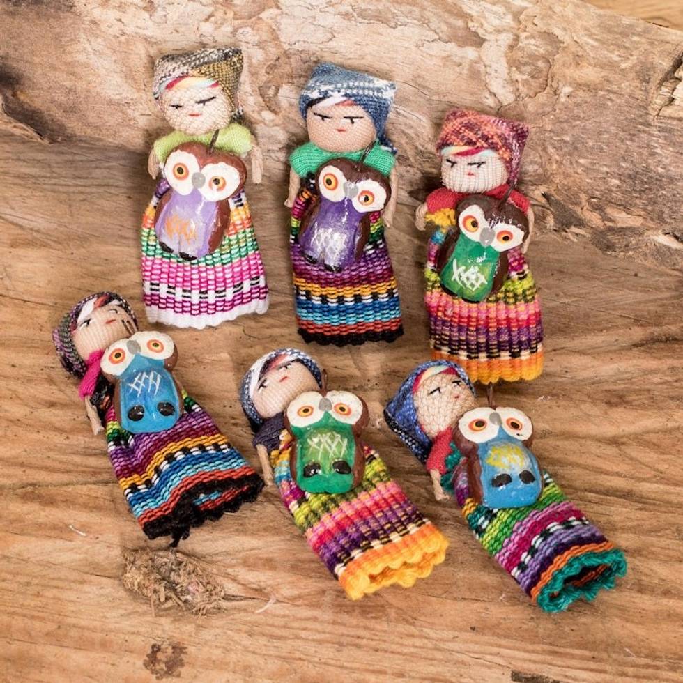 Set of 6 Cotton Decorative Dolls Handcrafted in Guatemala 'Sharing Wisdom'